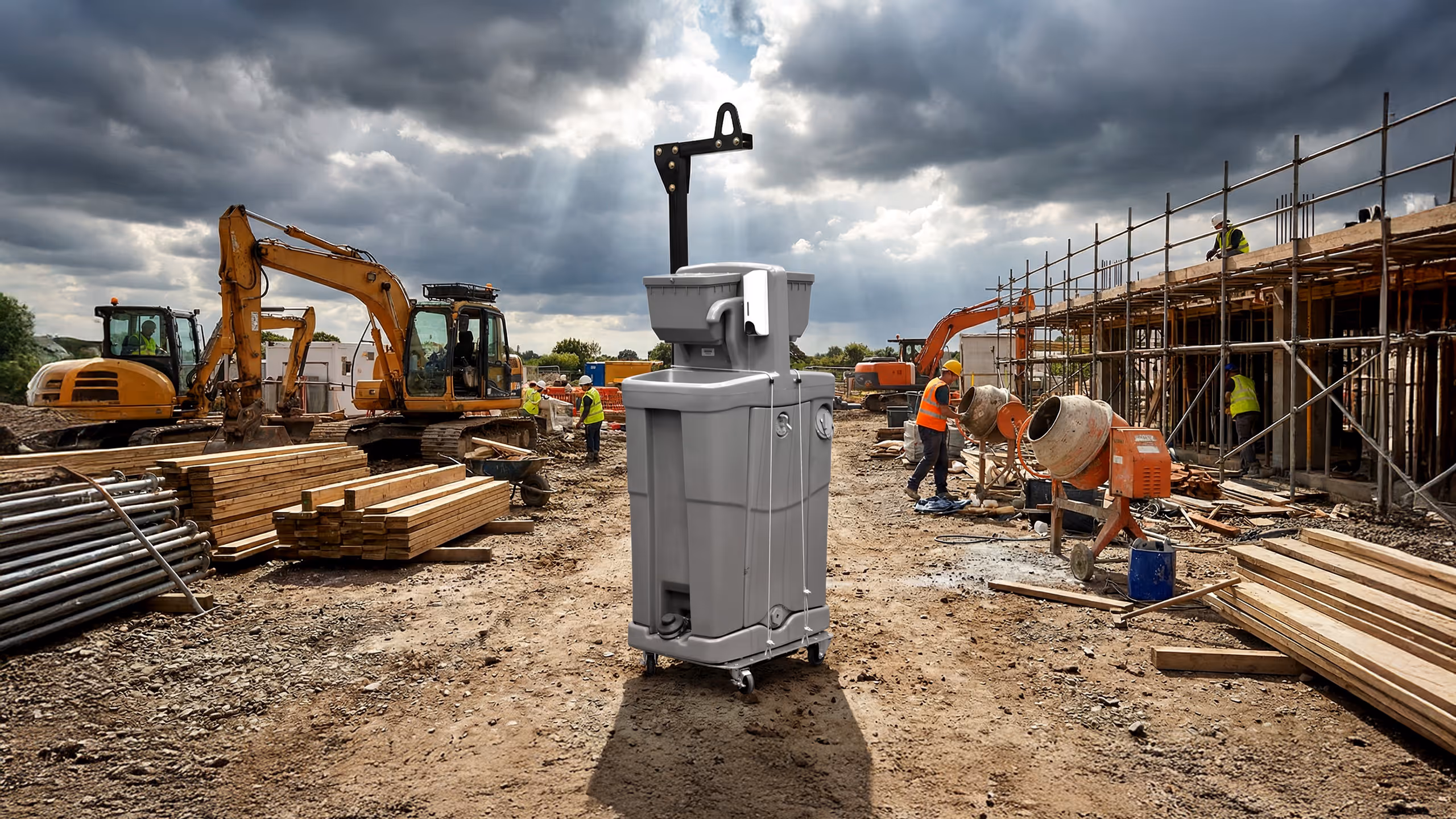Portable gray handwashing station in the center of an active construction site with workers and equipment.