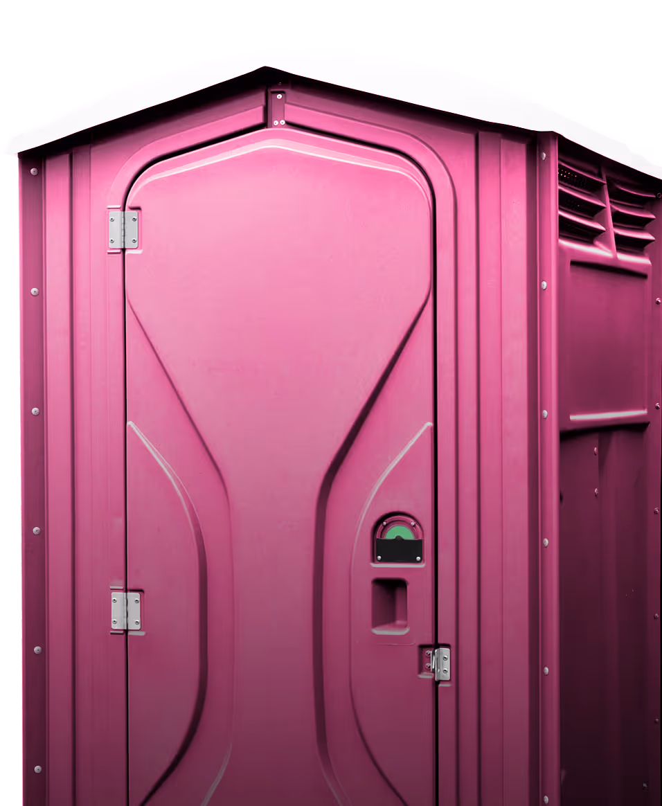 Pink portable toilet with closed door, handle, and ventilation slats on side.