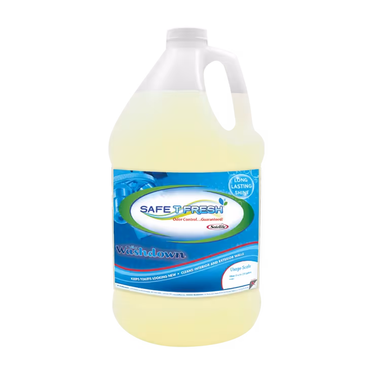 Large jug of Safe T Fresh toilet washdown cleaner with long lasting shine label.