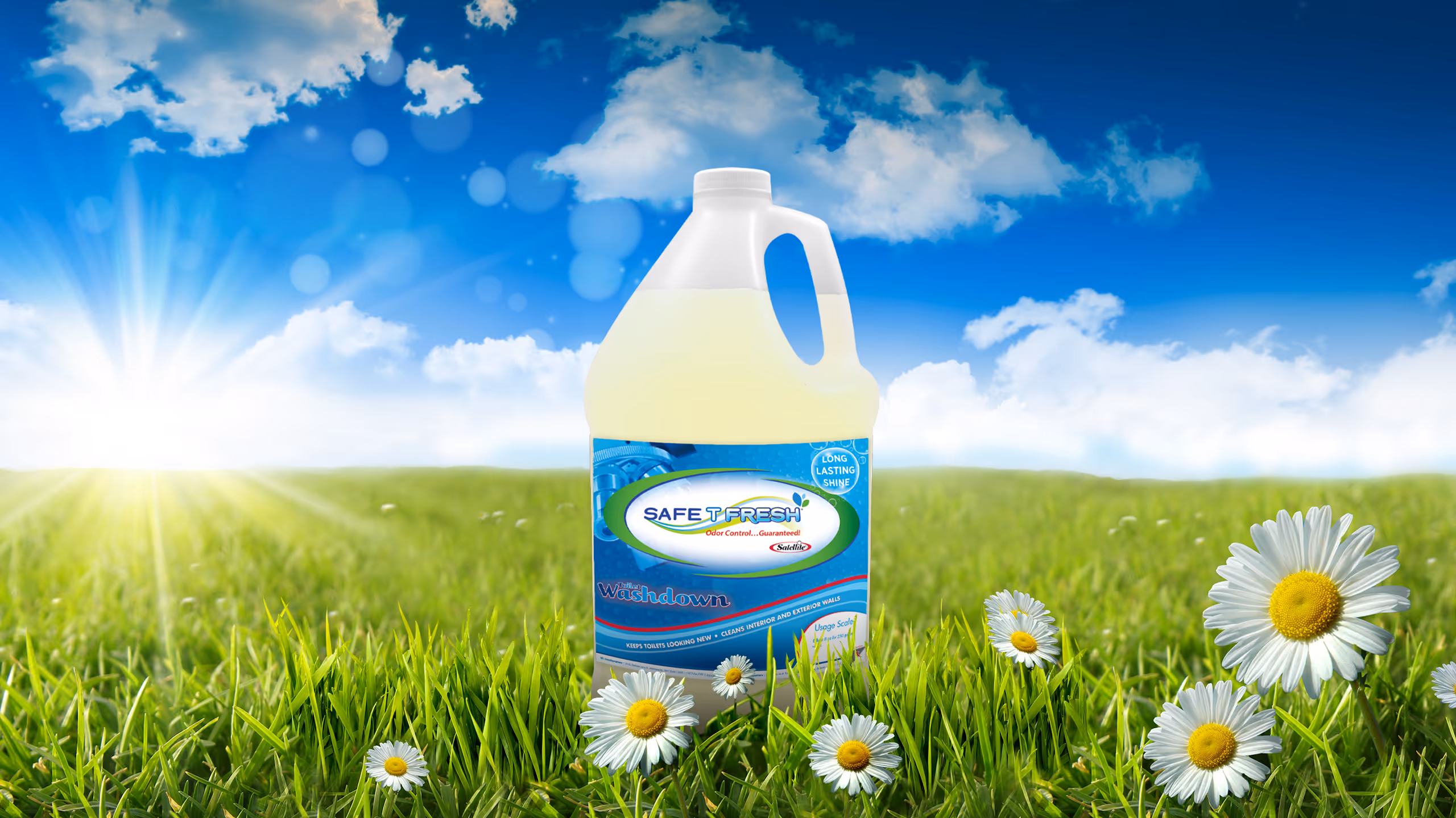 Safe T Fresh toilet washdown cleaner bottle on grass with daisies under a sunny blue sky.