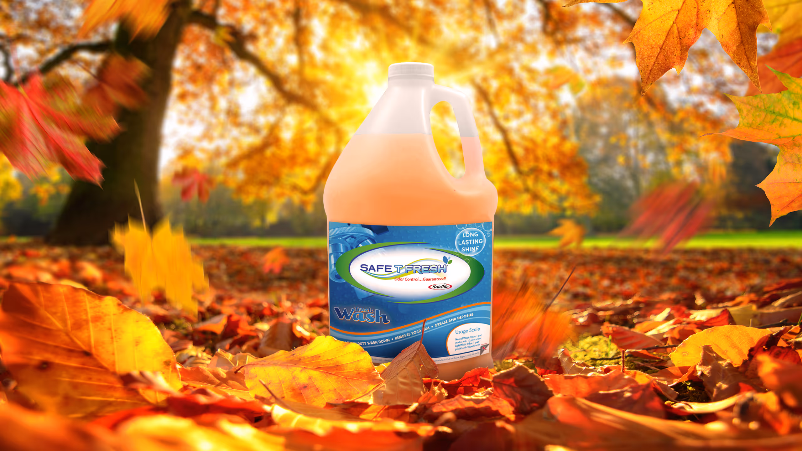 Jug of Safe T Fresh truck wash with orange liquid on autumn leaves in a sunlit park.