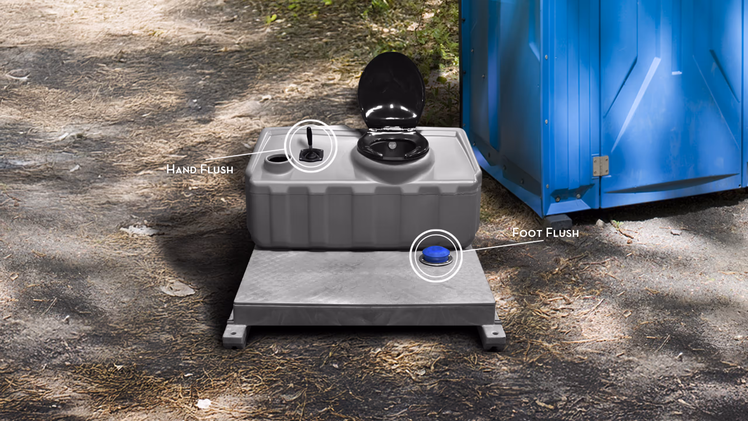 Portable grey camping toilet with hand flush lever and foot flush button beside a blue portable restroom.