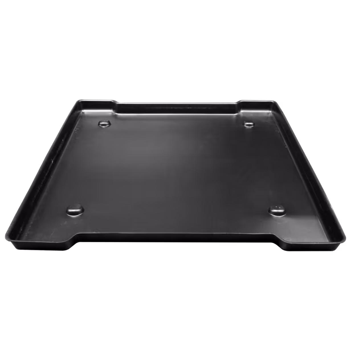 Rectangular black plastic tray with raised edges and four small circular feet on bottom.