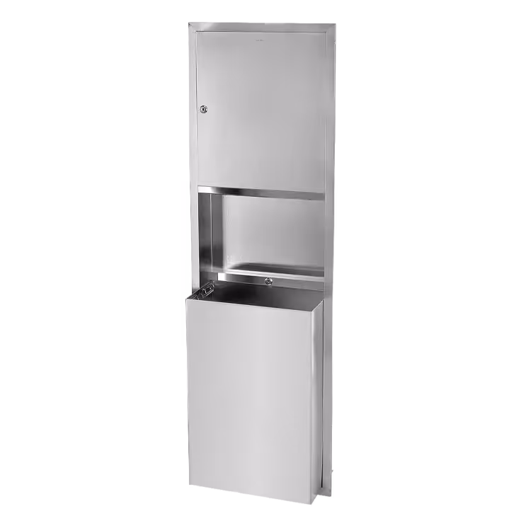 Stainless steel wall-mounted water fountain with a built-in bottle filler and push button.