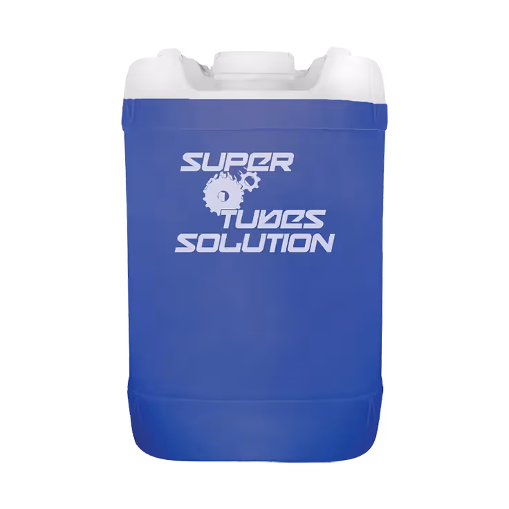 Blue plastic container labeled Super Tubes Solution with white screw cap on top.