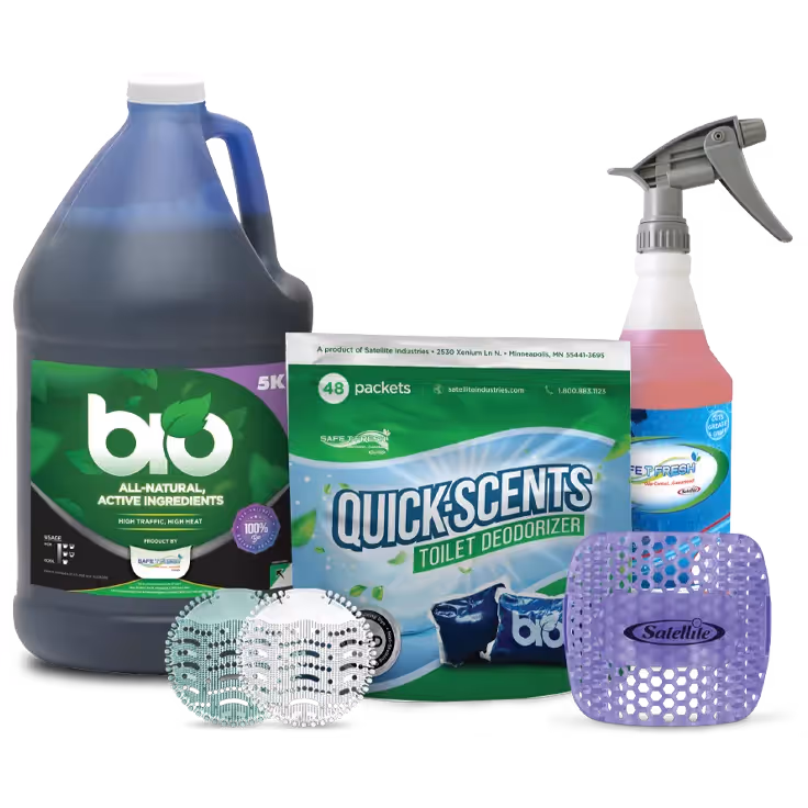 Cleaning and deodorizing products including bio cleaner, Quick Scents toilet deodorizer, and Fresh spray bottle.