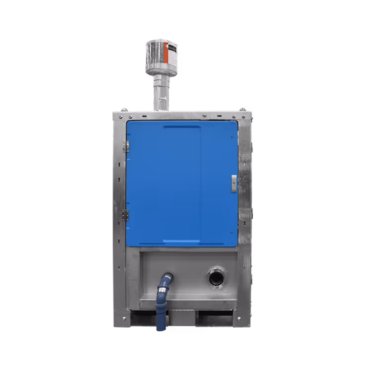 Metal box with a blue panel, pipe connection, and industrial alarm on top.