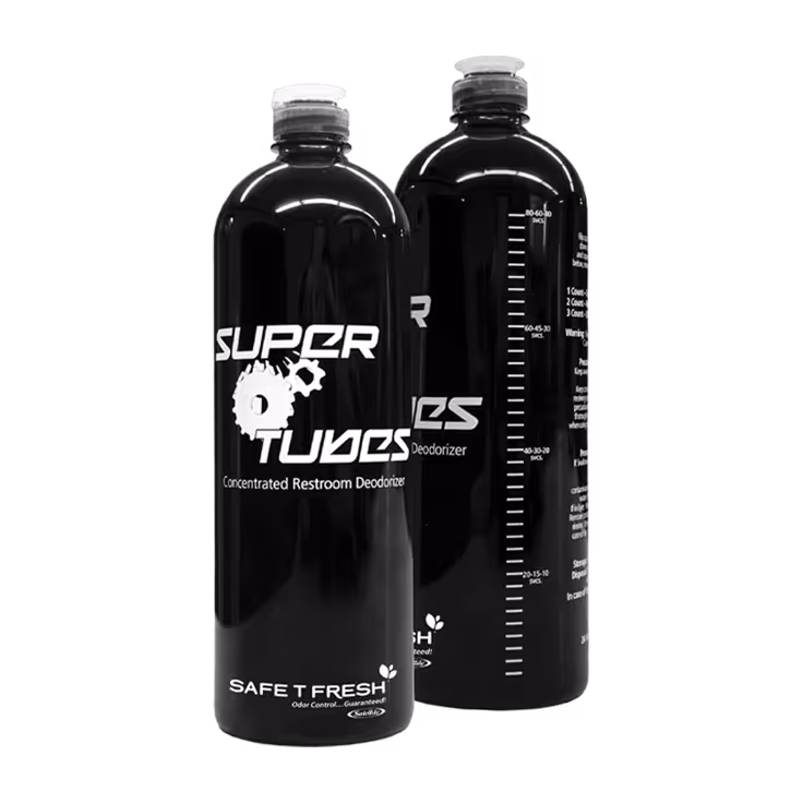 Two black bottles of Super Tubes concentrated restroom deodorizer with measurement markings on one bottle.