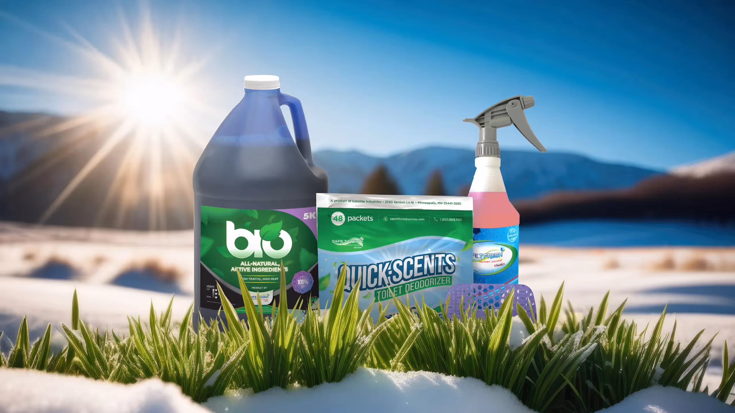 Eco-friendly cleaning products on snowy grass with sun and mountains in the background.
