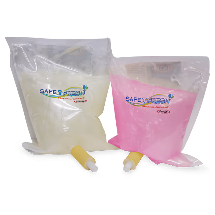Two Safe T Fresh odor control liquid bags, one clear and one pink, with yellow dispensing valves.