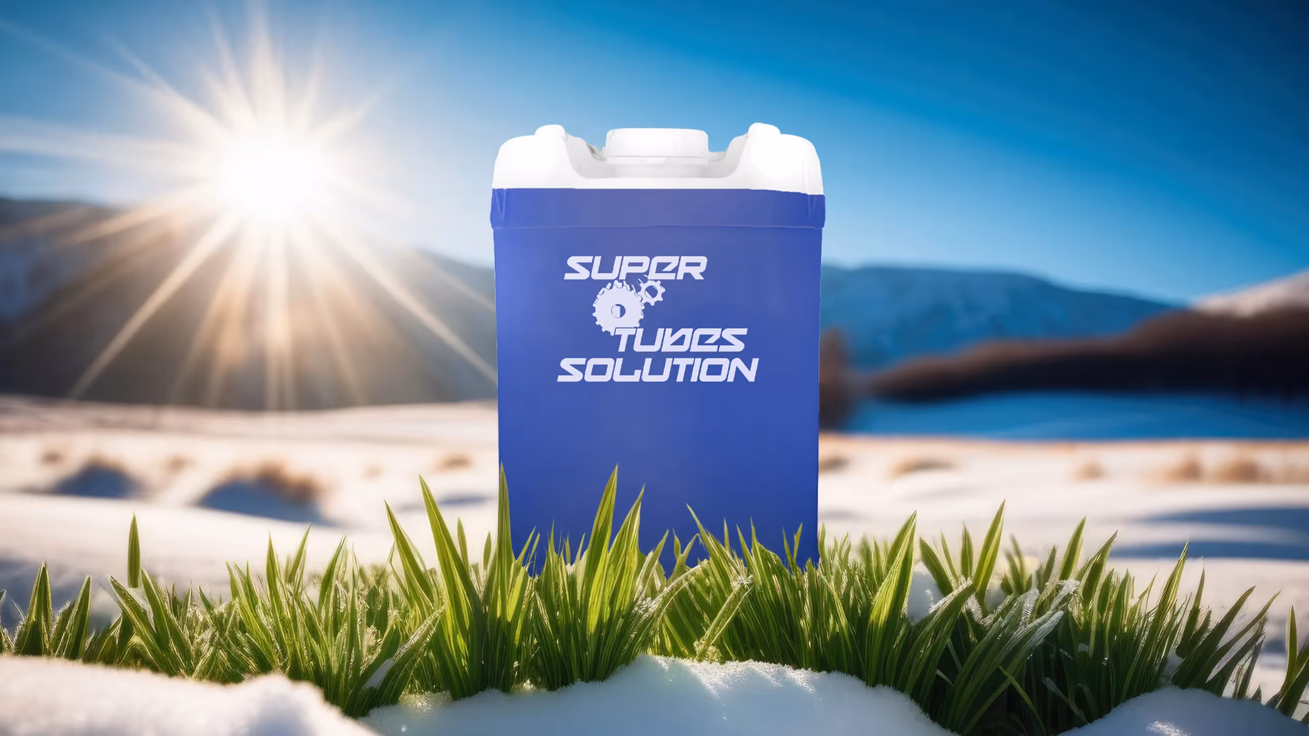 Blue container labeled Super Tubes Solution in grass patch with snowy landscape under bright sun.