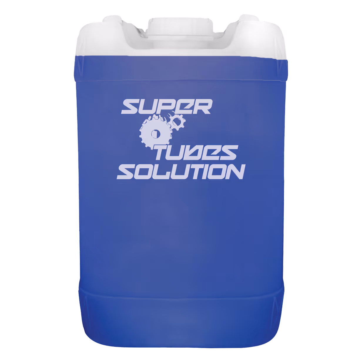 Large blue and white container labeled Super Tubes Solution with gear graphics.