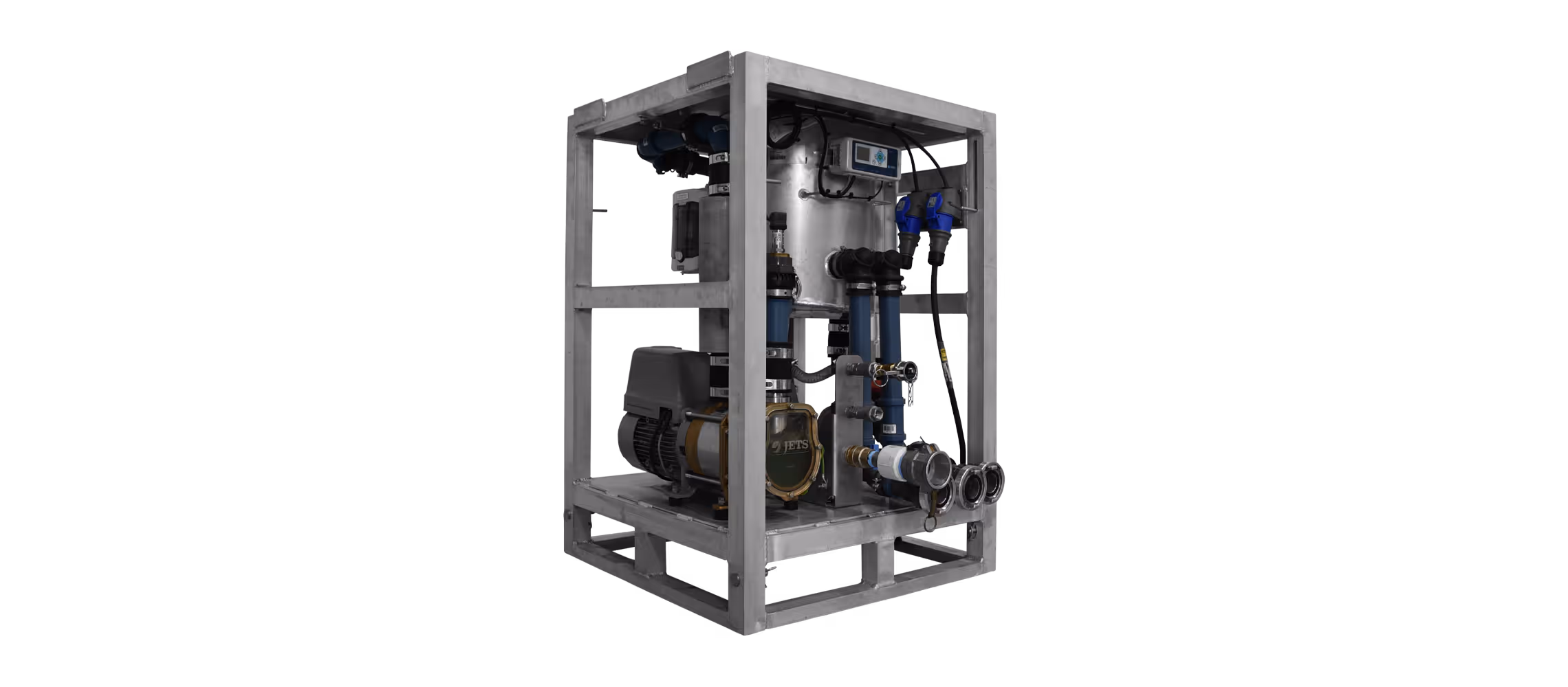 Industrial pump system within a metal frame, featuring various pipes and a control panel.