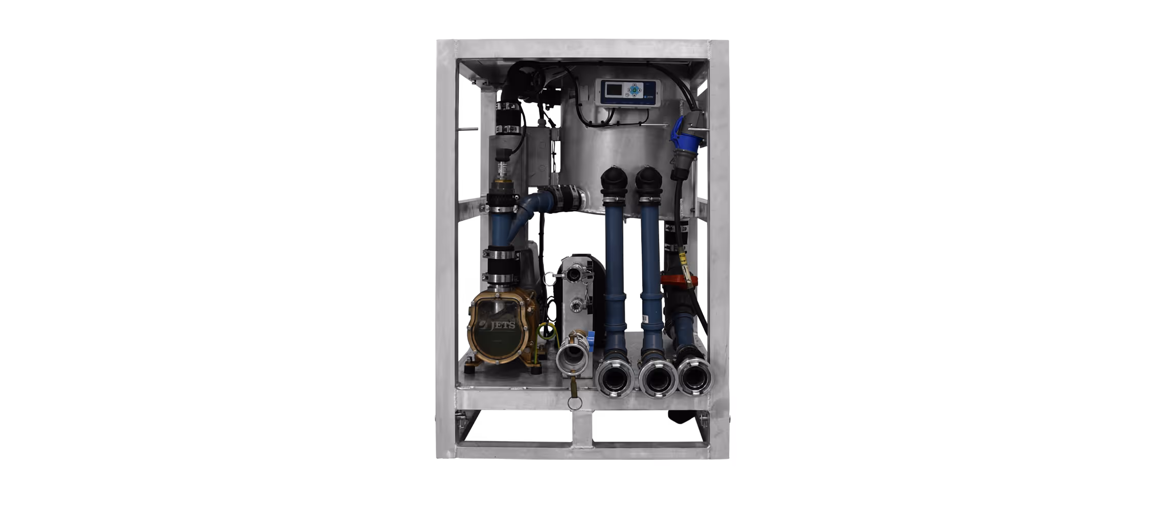 Compact equipment featuring various pipes, valves, and gauges, designed for fluid management.