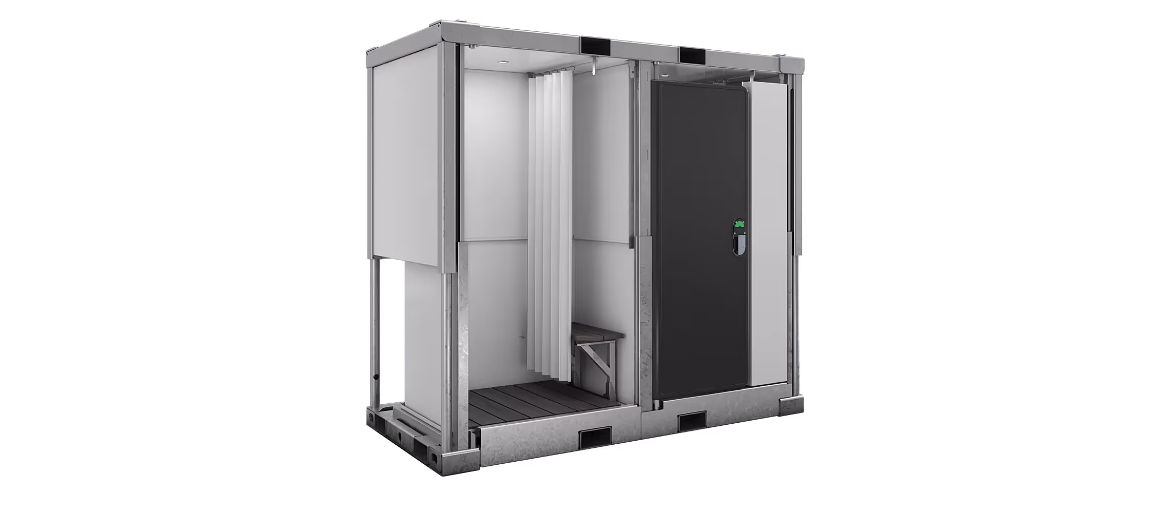 Sanitrax Shower Module with a foldable curtain, bench, and secure door in a compact structure.