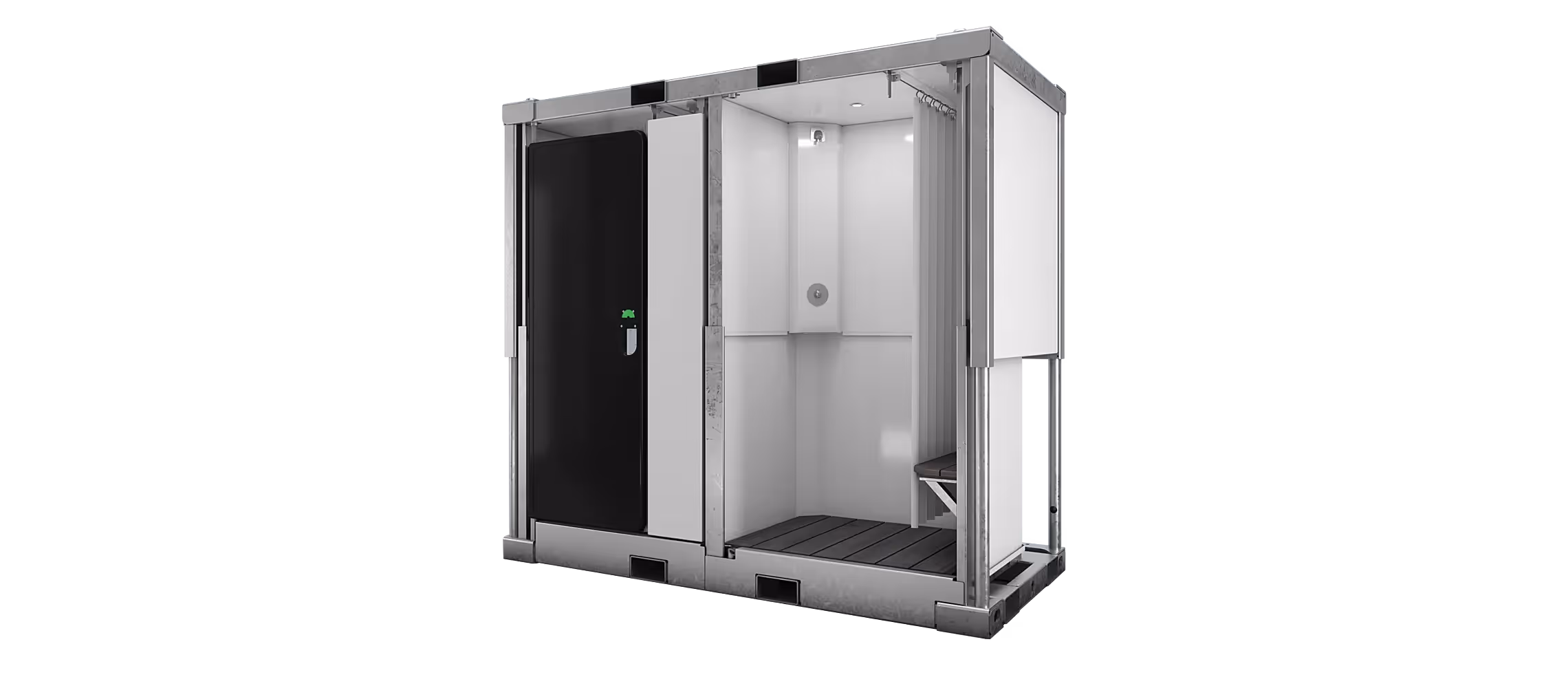 A modern shower module with a black door, sleek design, and wooden slatted flooring.