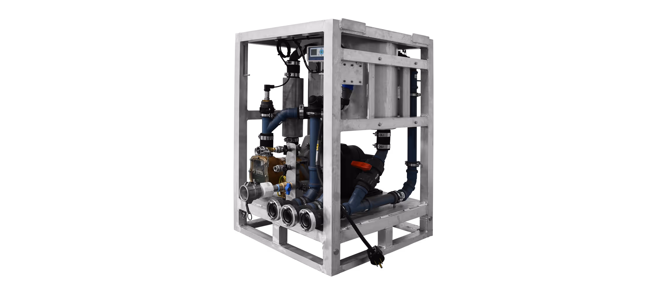 A compact machinery unit with pipes and valves, secured in a metal frame, designed for fluid
