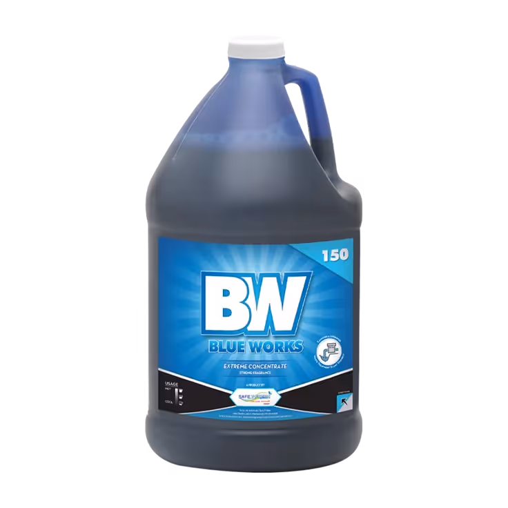 Large gallon jug of Blue Works extreme concentrate liquid with strong fragrance and usage instructions.