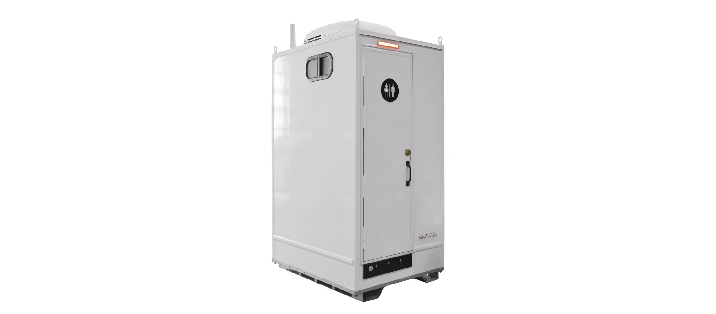 Portable restroom unit with a white exterior, single door, and ventilation on top.