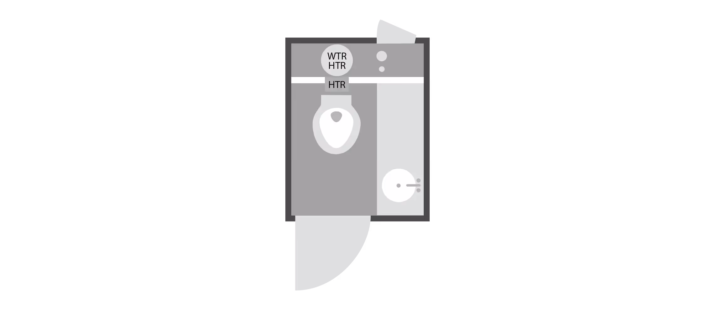 Illustration of a travel-themed bathroom layout with labeled fixtures and a minimalist design.
