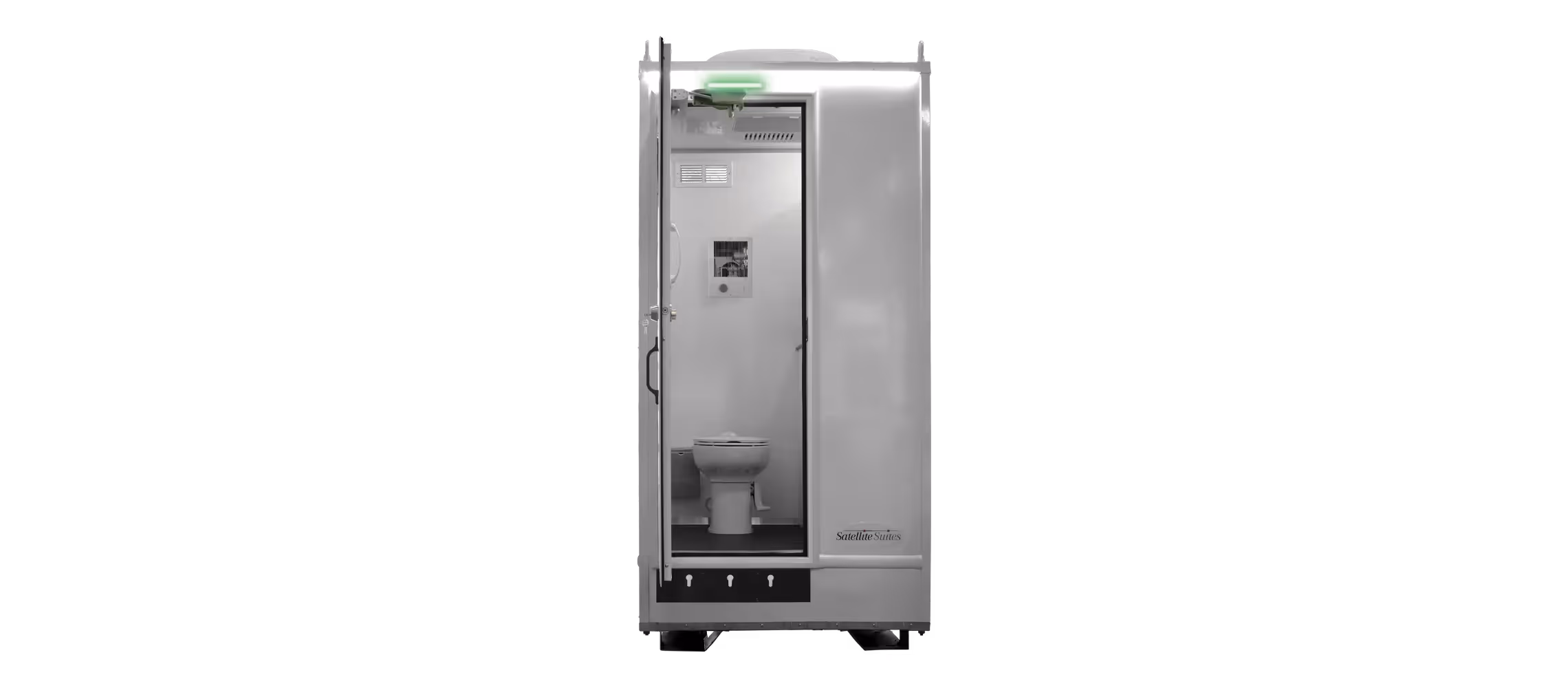A compact, modern restroom stall with a toilet and green light indicator on top.