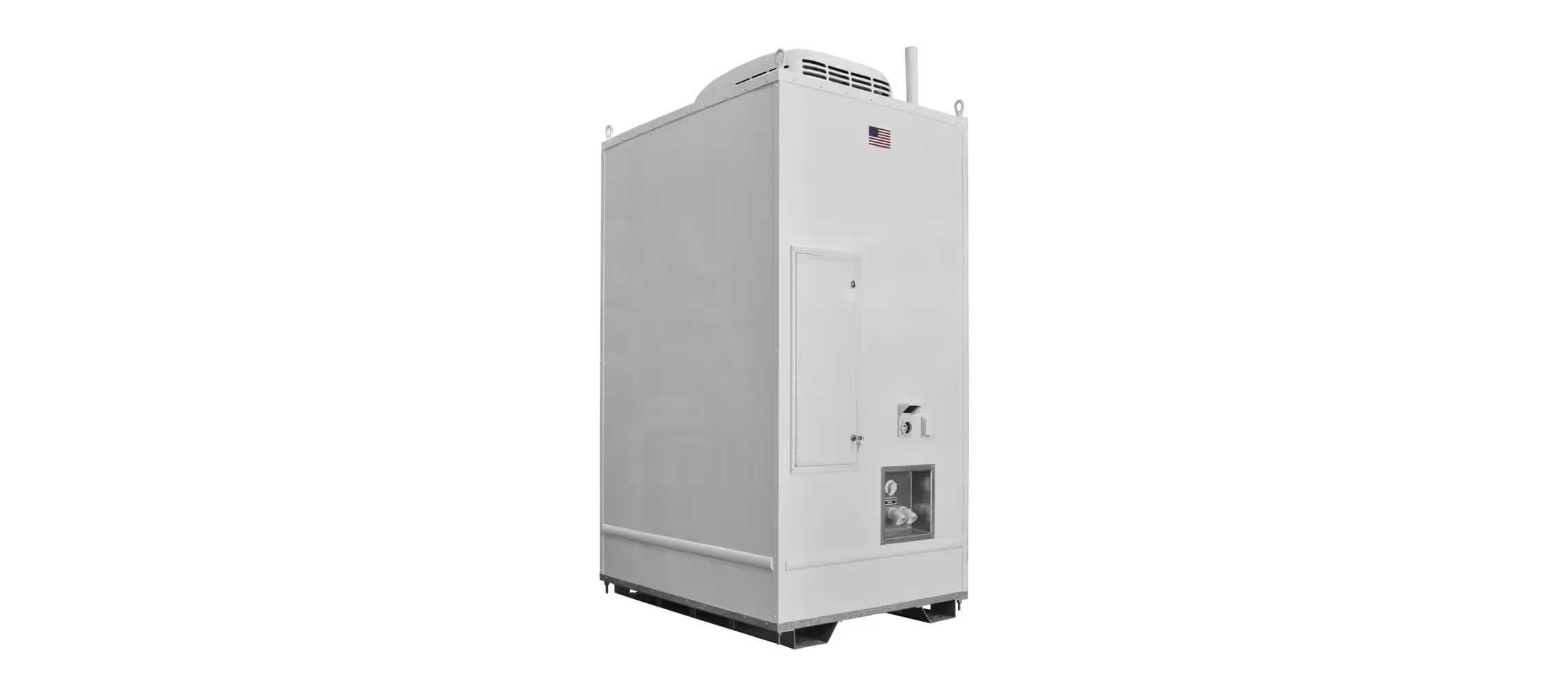 White, portable cooling unit with a sleek design and ventilation on top, labeled with a flag.