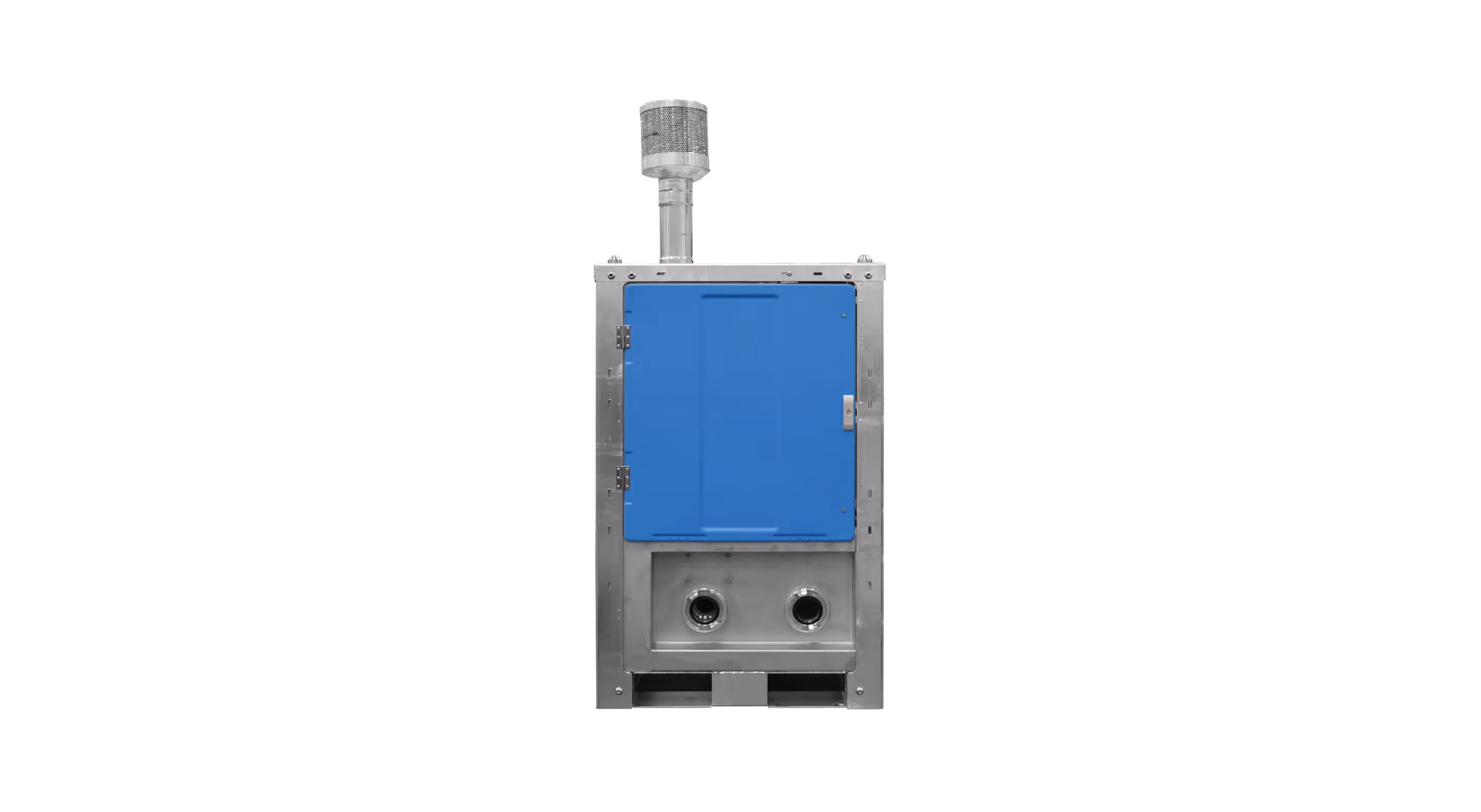 Metal industrial unit with blue door, two circular outlets, and a vertical exhaust pipe on top.