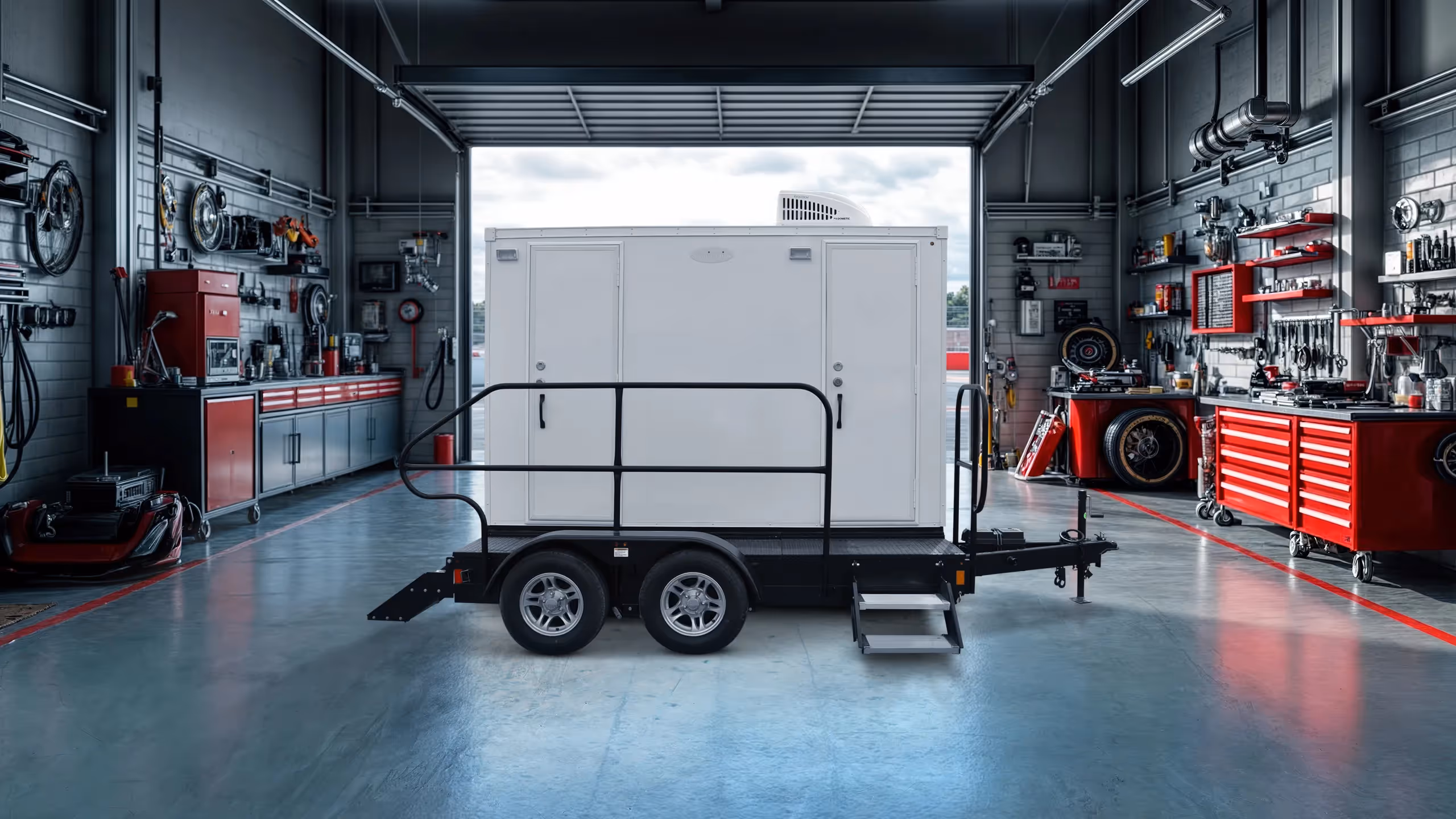 White mobile trailer with double doors inside a garage with red tool cabinets and equipment.
