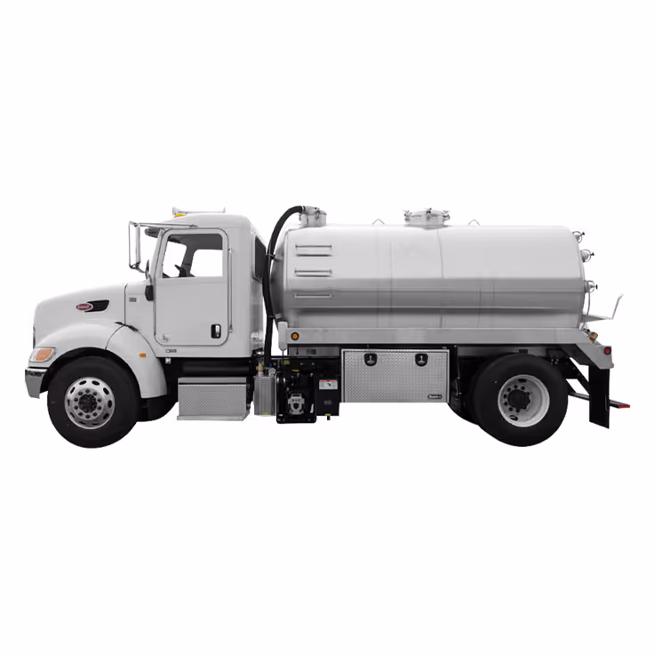 White tanker truck with cylindrical metal tank and two axles on a white background.