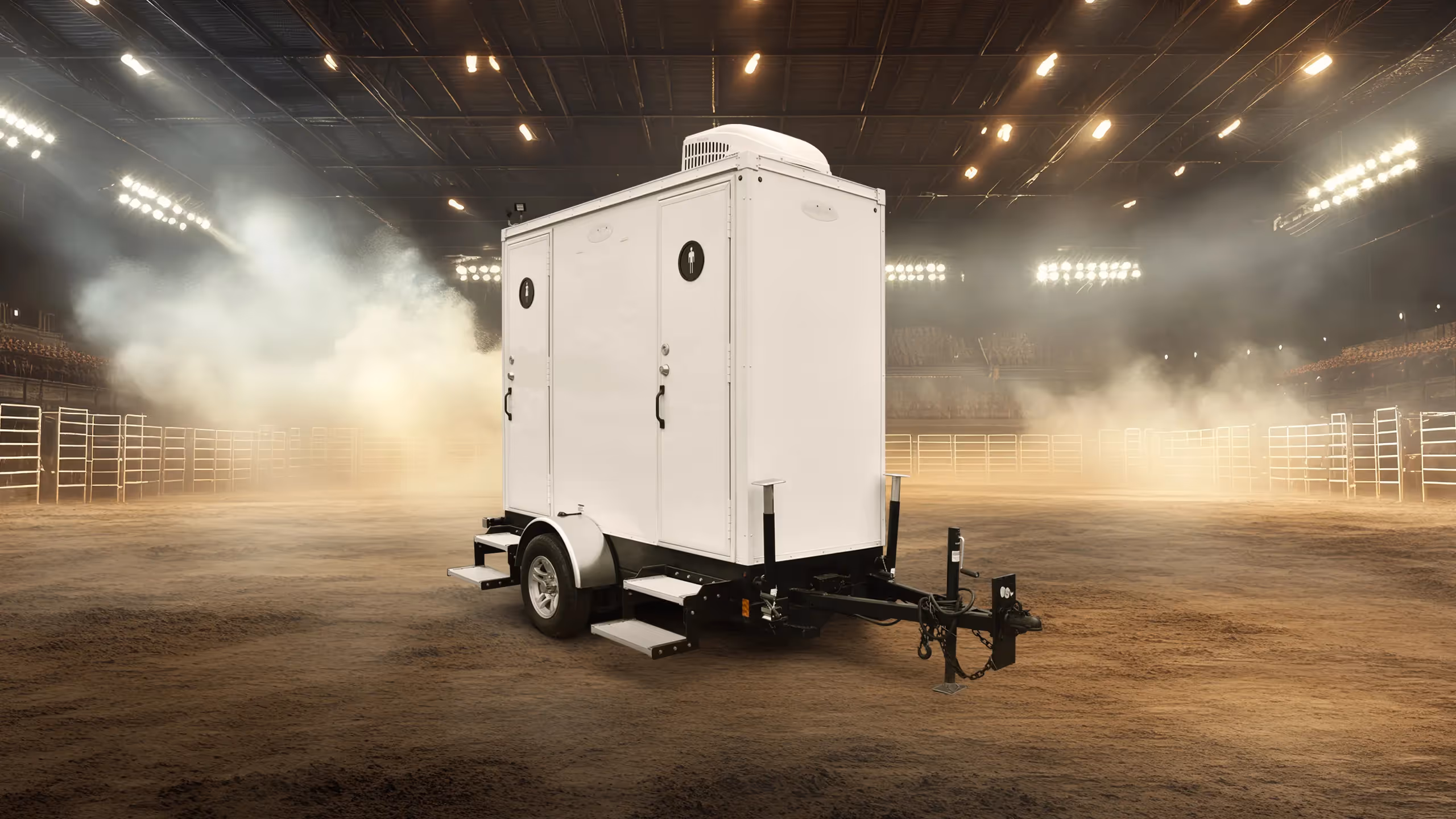 Portable white trailer with male and female restroom signs inside an arena with dirt floor and bright lights.