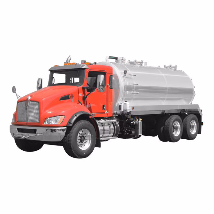 Red semi-truck with a large silver tanker trailer attached, isolated on white background.