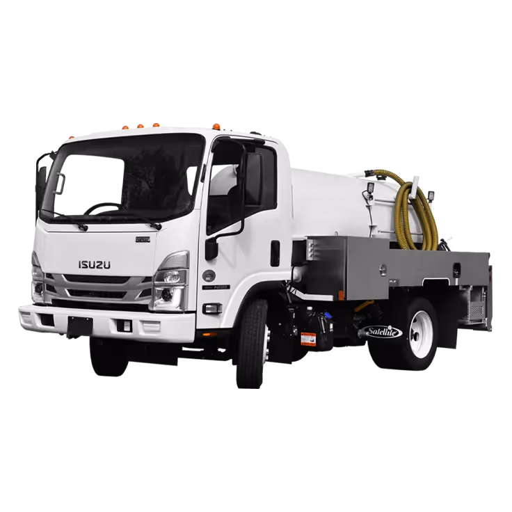 White Isuzu cabover vacuum truck with a yellow hose and metal utility compartments on the back.