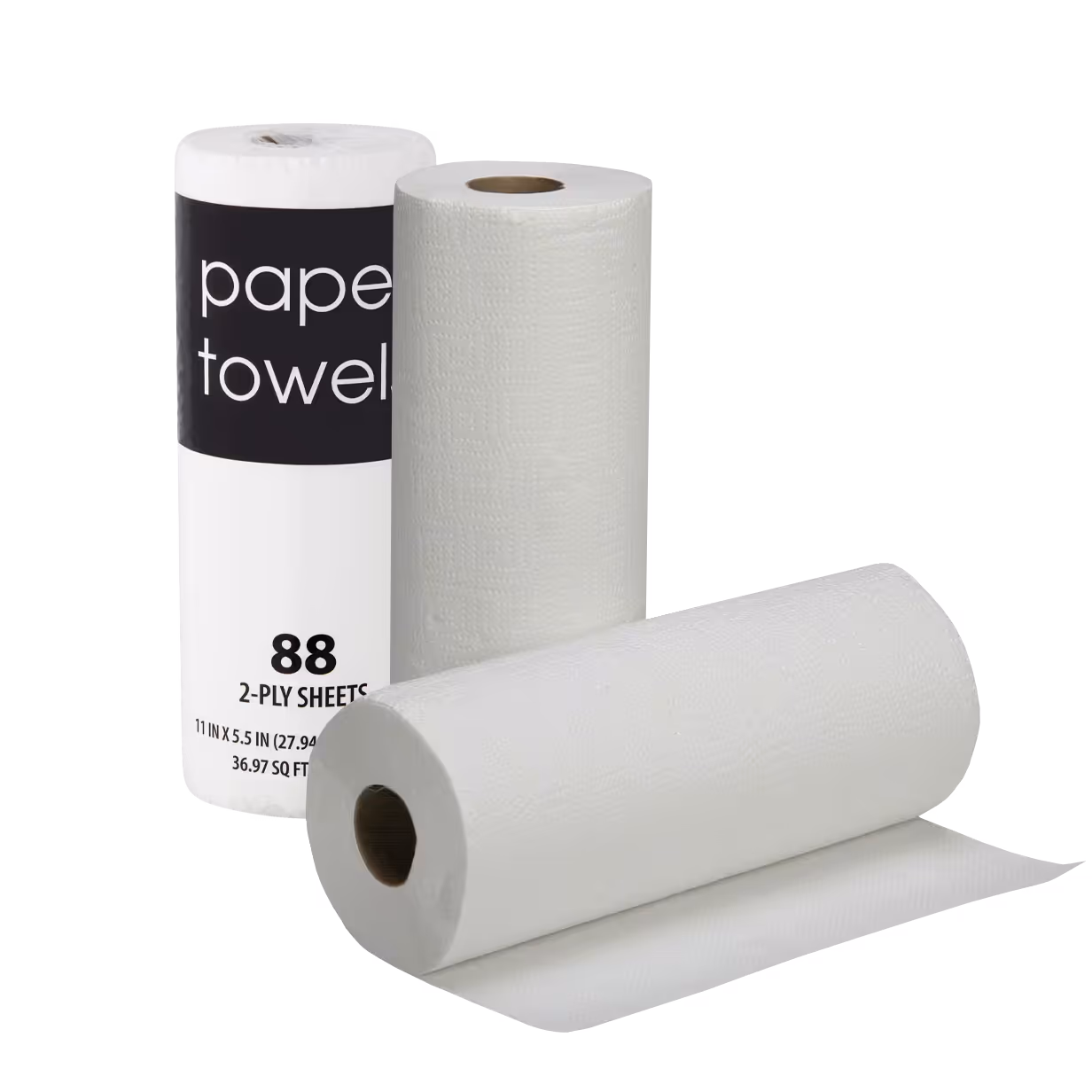 Two white rolls of 2-ply paper towels, one packaged, one partially unrolled, on white background.