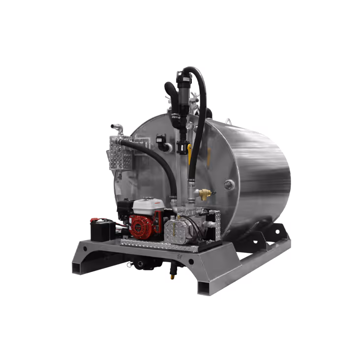 Metal fuel tank skid with attached engine, hoses, and pump components for fluid transfer.