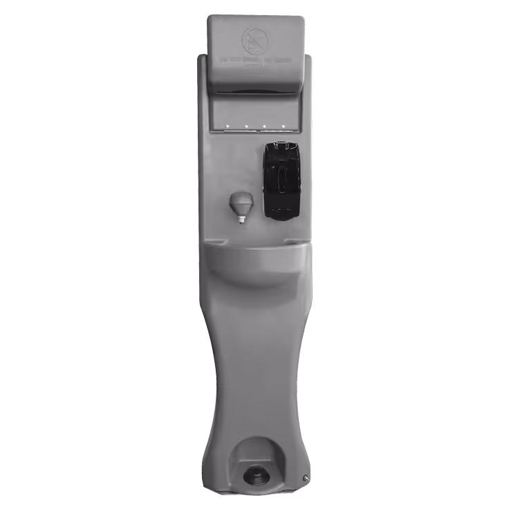 Wall-mounted handwashing station, grey with dispenser and soap holder. Nozzle at bottom.