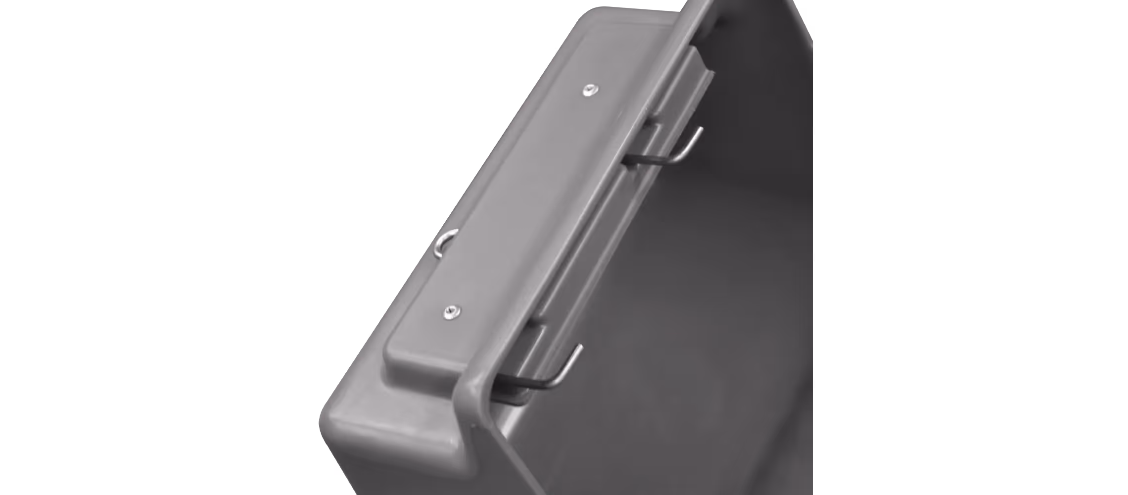 Gray plastic container with a flat lid and two metal hooks on the side for secure closure.