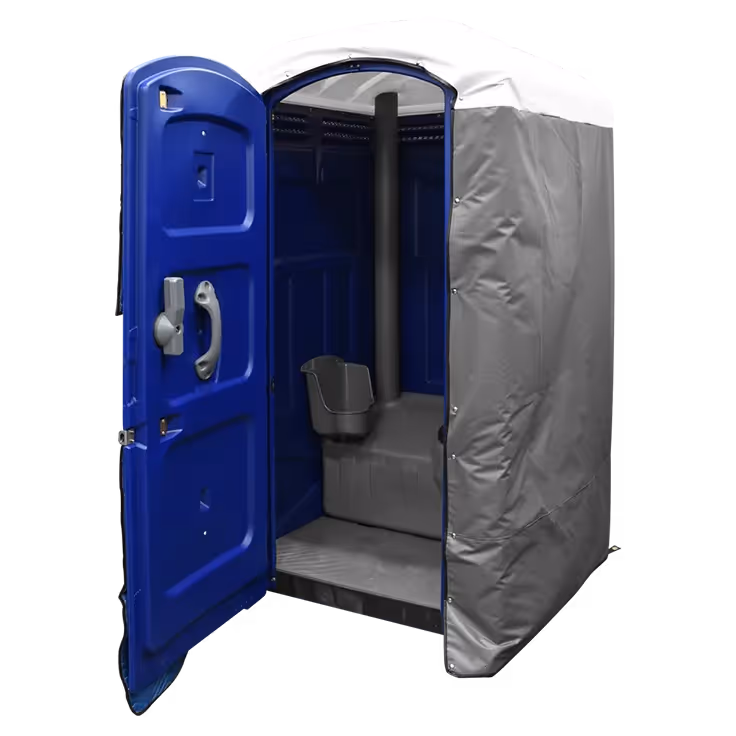 Blue portable restroom with grey insulated cover and door open showing interior seat and ventilation pipe.