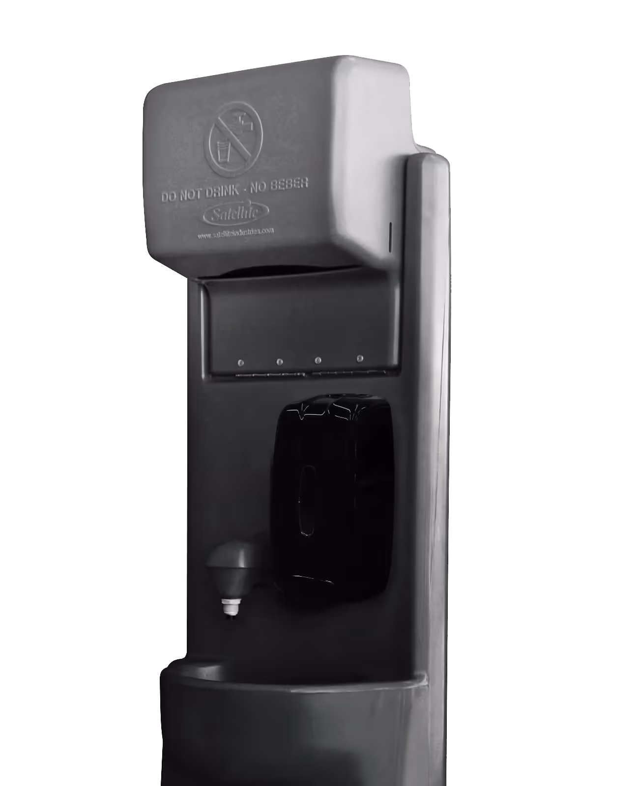Gray AgWash handwashing station with a black soap dispenser and a warning label against drinking.
