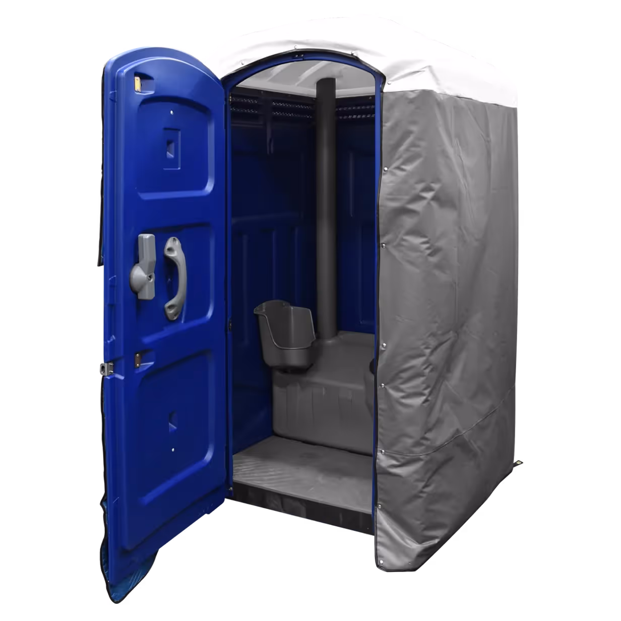 Blue portable restroom with open door showing interior and gray insulated cover on outside.