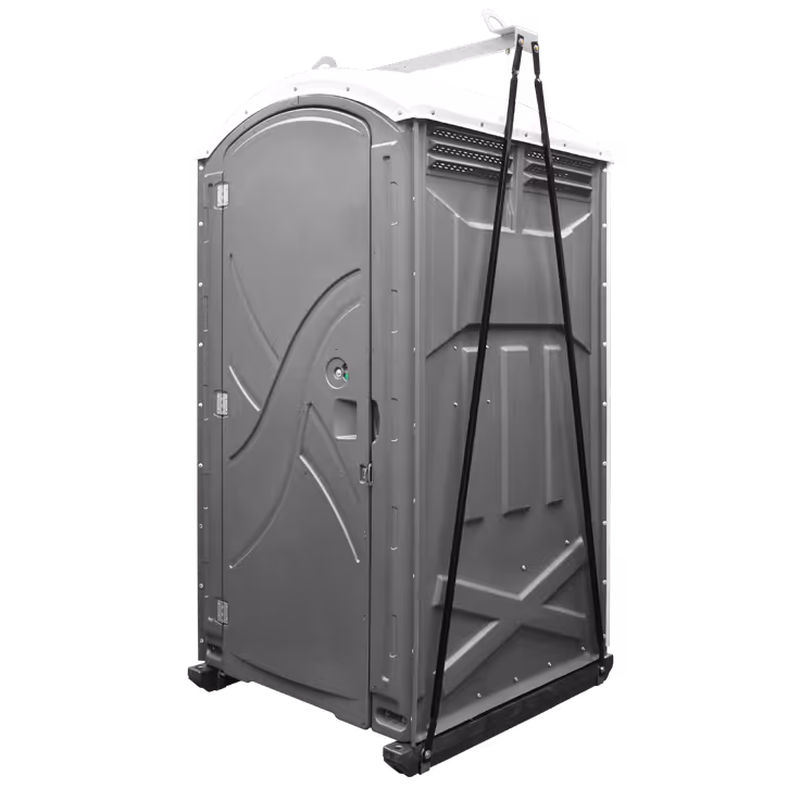 Gray portable toilet with a white roof secured by black straps attached to a lifting frame.
