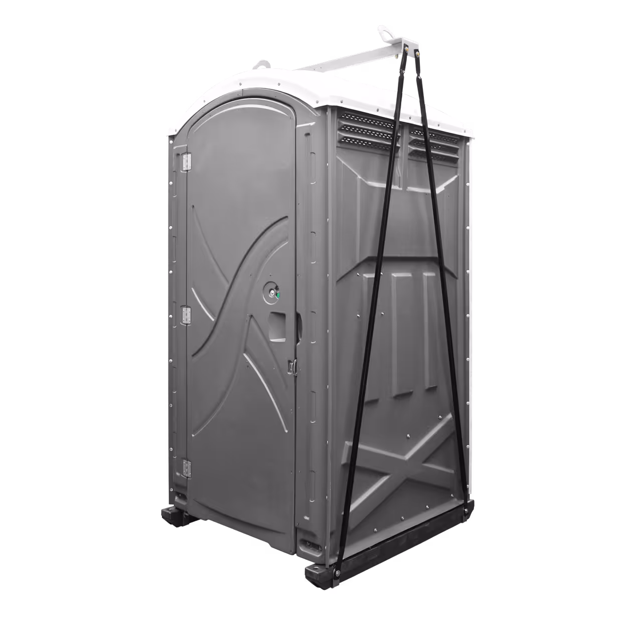 Gray portable toilet with a white roof and lifting straps attached for easy transport.
