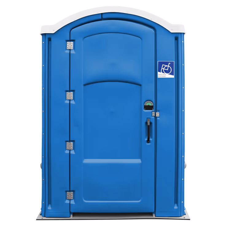 Blue portable toilet with a closed door and wheelchair accessible sign on it.