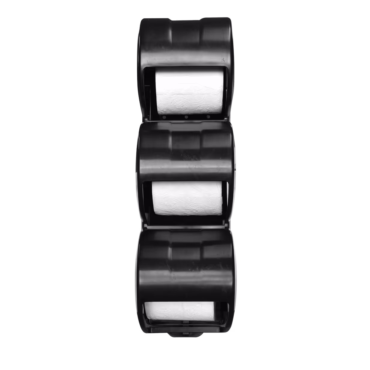 Three black toilet paper dispensers mounted vertically, each holding a white roll.