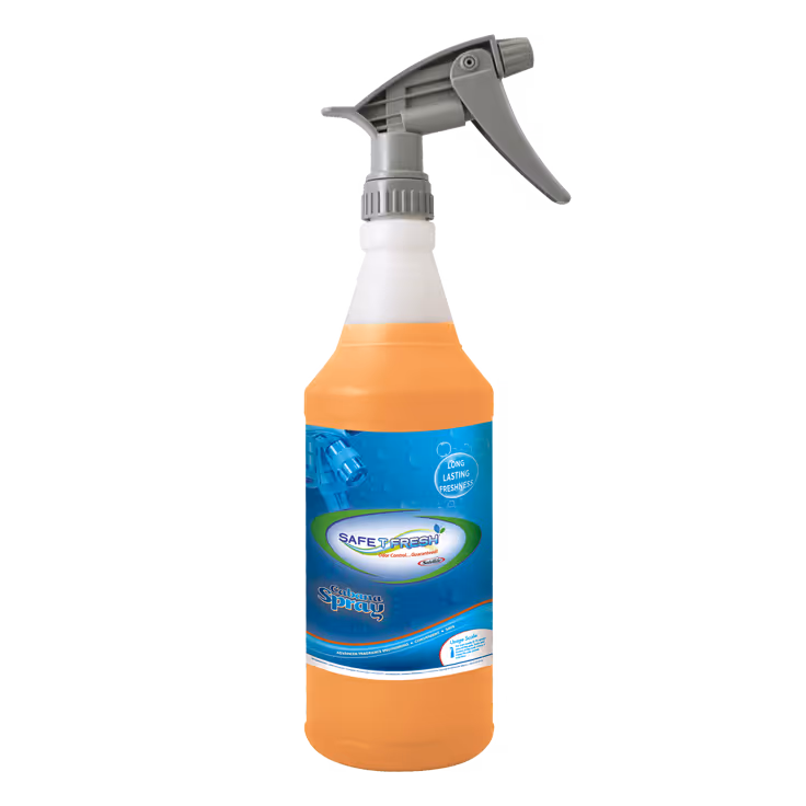 Orange liquid spray bottle with gray trigger and blue label reading Safe T Fresh Cabana Spray.