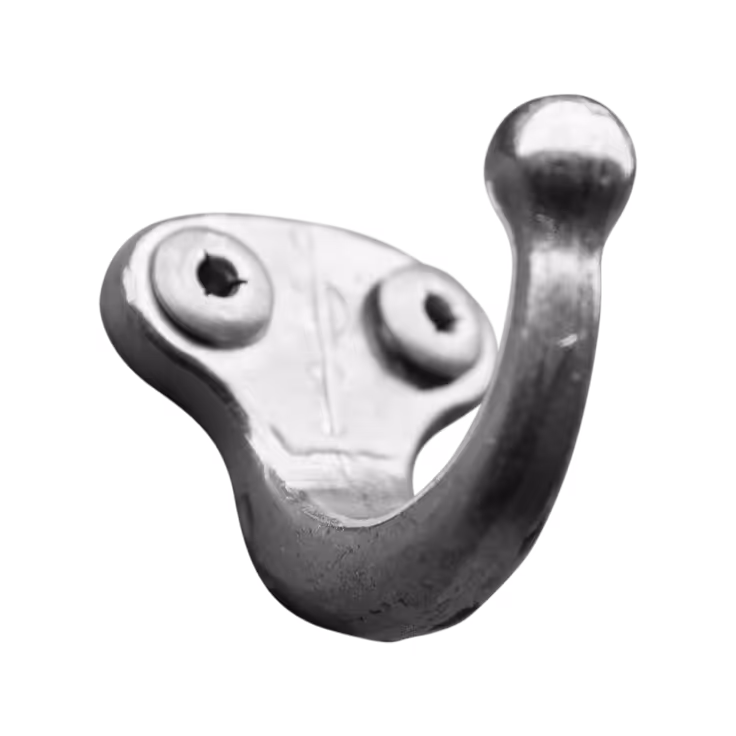 Close-up of a single metal coat hook with two screw holes for mounting.