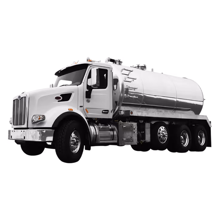 White tanker truck with a cylindrical silver tank and six wheels on a white background.