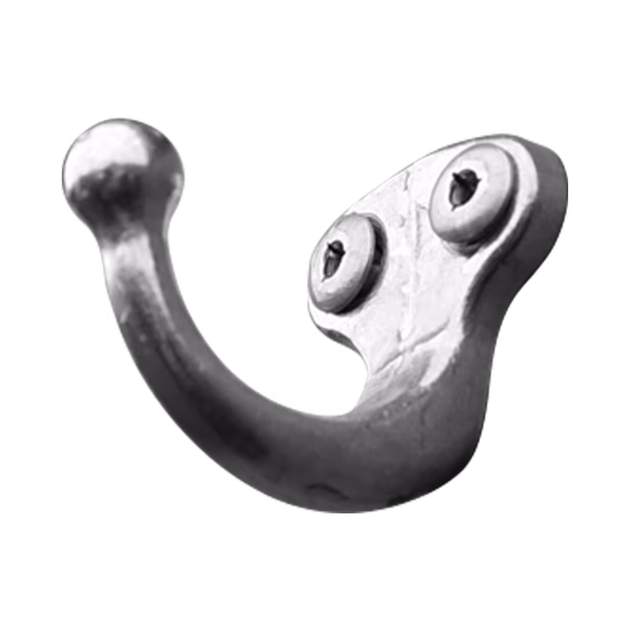 Metal wall-mounted coat hook with two screws visible for fixing.