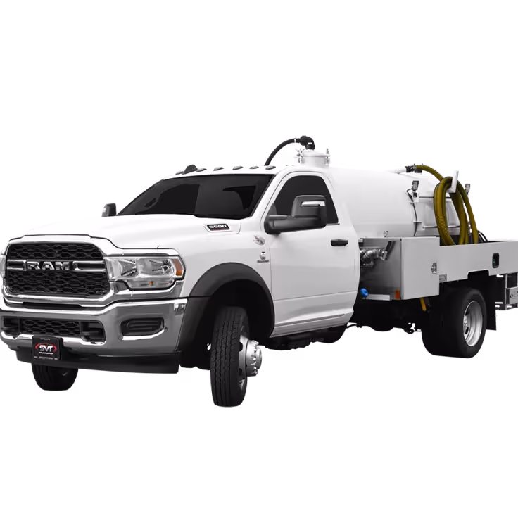 White RAM service truck with a large tank and coiled yellow hose on the back.