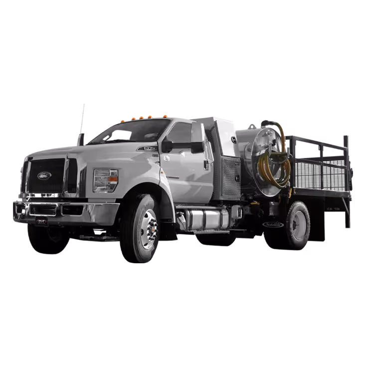 White industrial Ford truck with a vacuum tank and hose system on its flatbed.