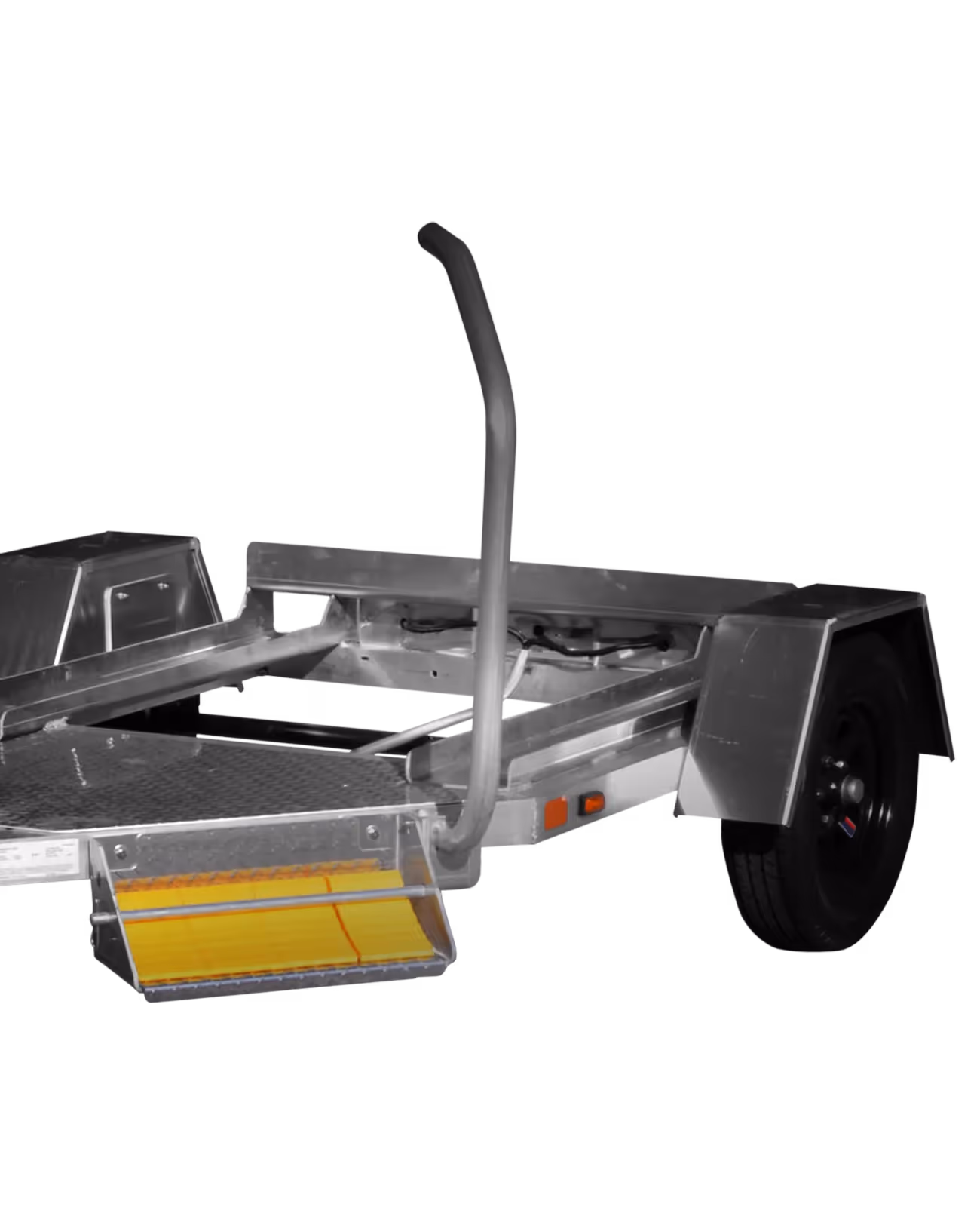Metal trailer frame with single black wheel and yellow ramp attached at the rear.